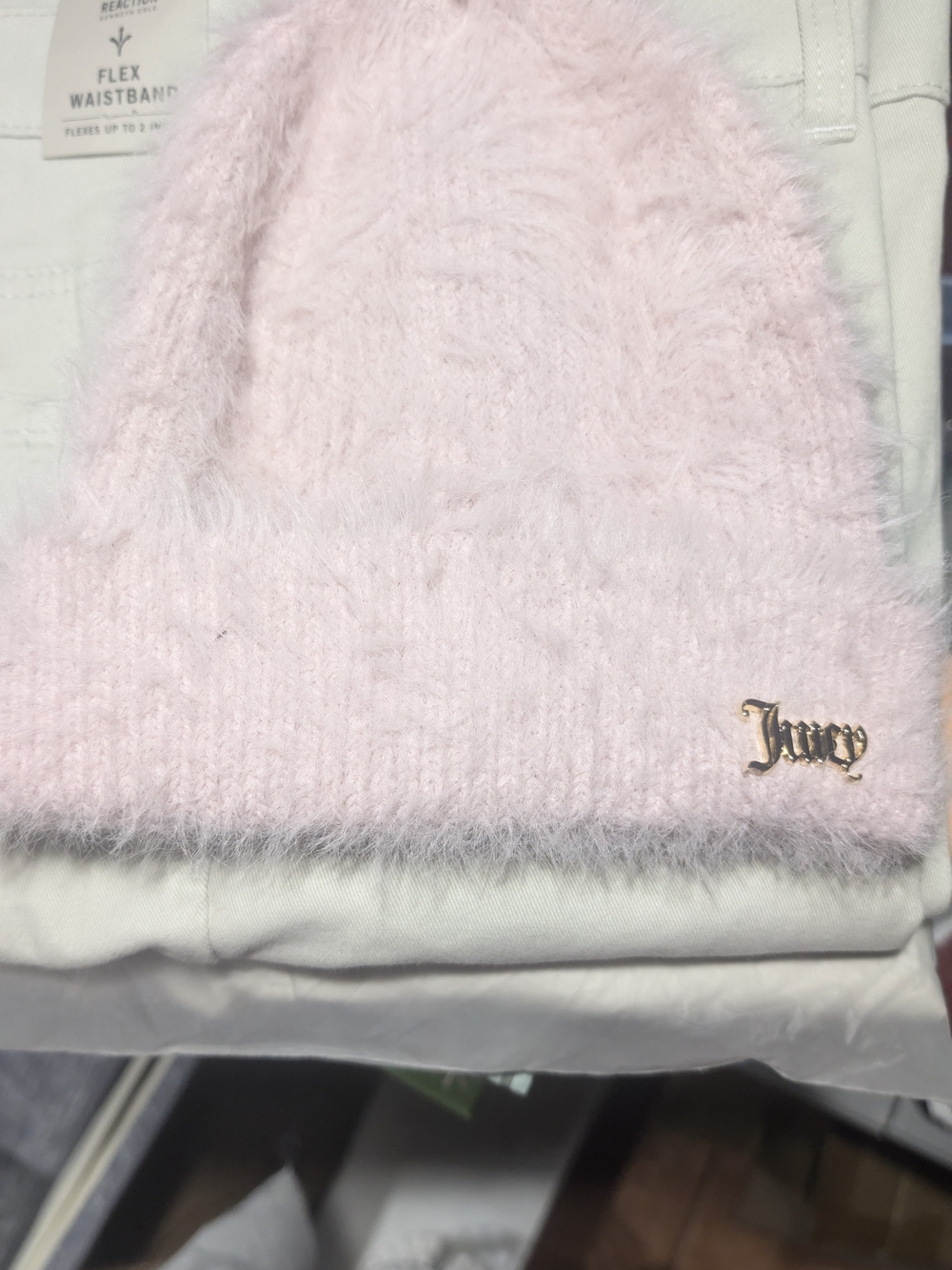 Juicy Couture Pale Pink Fuzzy Beanie with Gold Logo